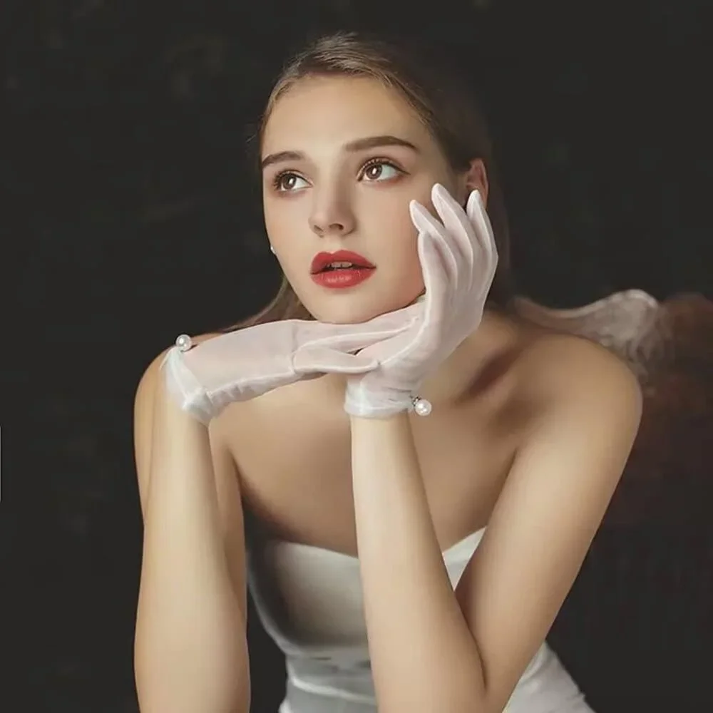 Women's White Evening Pearl Short Gloves Wedding Dance Party Tea Accessories